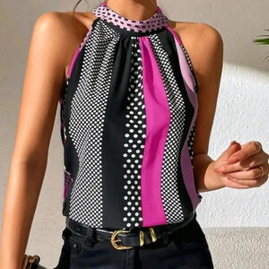 Polka Dot Print Key Hole Back Halter Neck Blouse